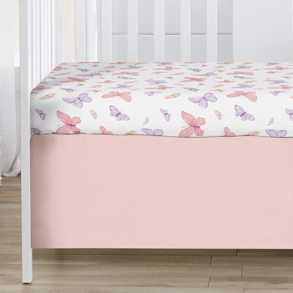 Sweet Jojo Designs 5-Piece Baby Crib Bedding Set (Pink/Purple Shabby Chic Butterfly) for Girls, Infants/Nursery incl. BreathableBaby Mesh Liner, Blanket, Fitted Sheet, Skirt, Diaper Stacker (Colorful)