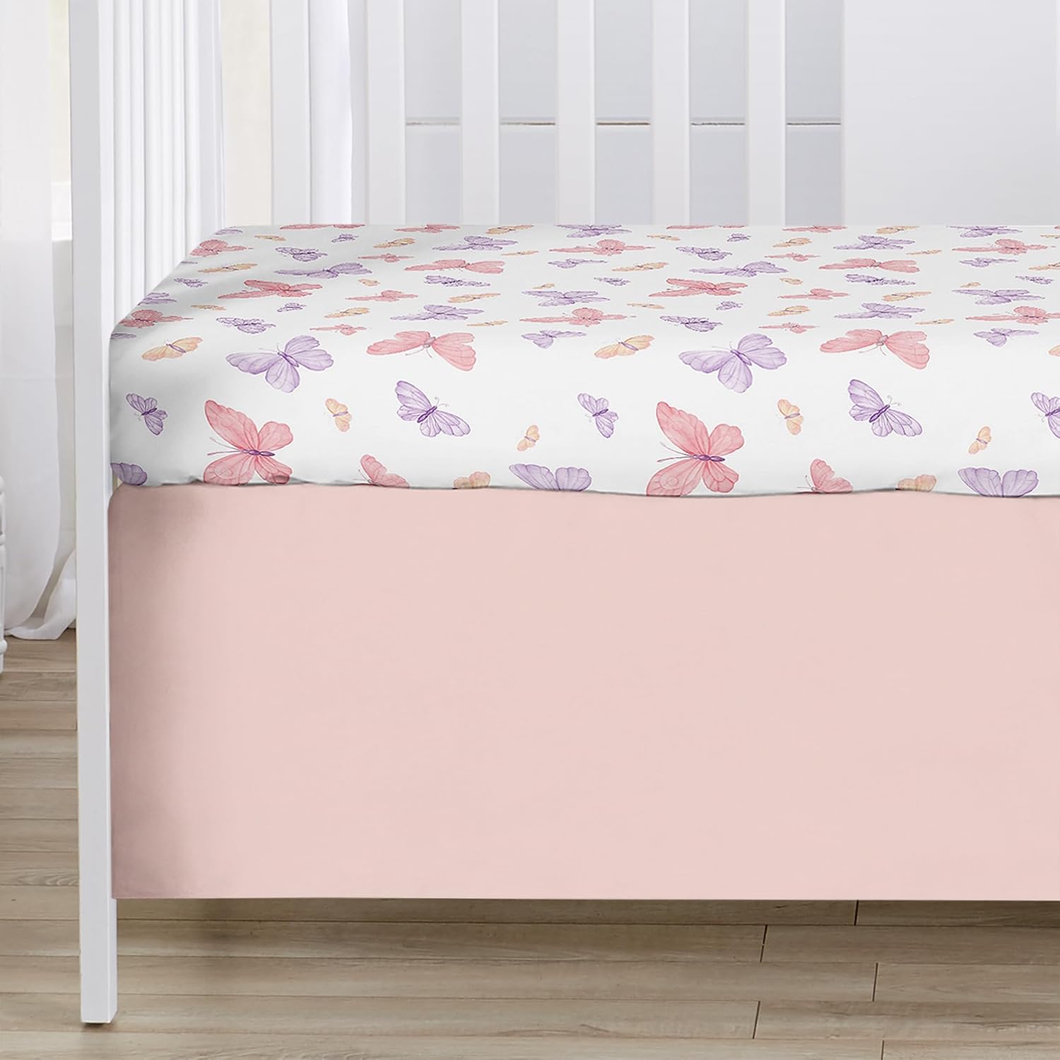 Sweet Jojo Designs 5-Piece Baby Crib Bedding Set (Pink/Purple Shabby Chic Butterfly) for Girls, Infants/Nursery incl. BreathableBaby Mesh Liner, Blanket, Fitted Sheet, Skirt, Diaper Stacker (Colorful)