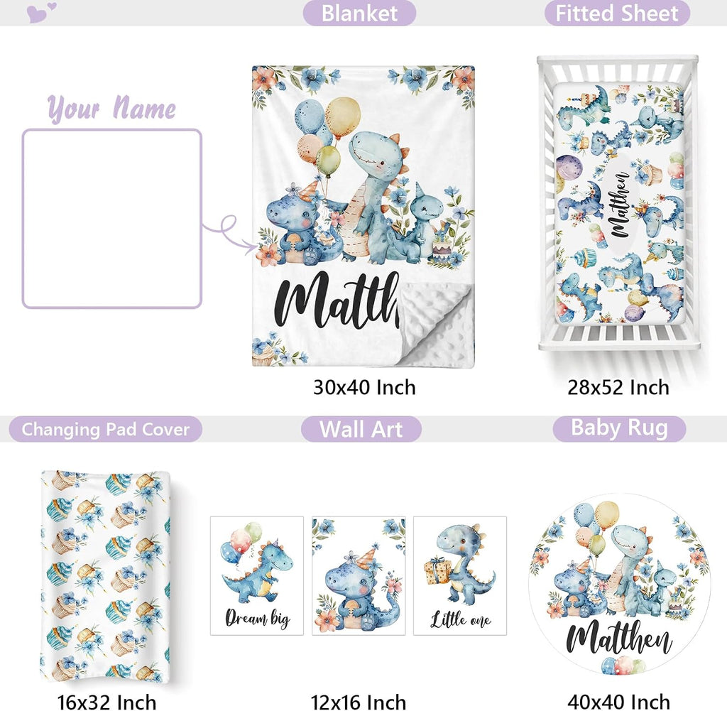 Custom Baby Crib Bedding Set, 5 PCS Personalized Name Baby Crib Sets for Girls Boys, Blue Dinosaur Theme Nursery Bedding Sets for Infant Toddler, Double Layer Flannel Bed Set Customized Gifts