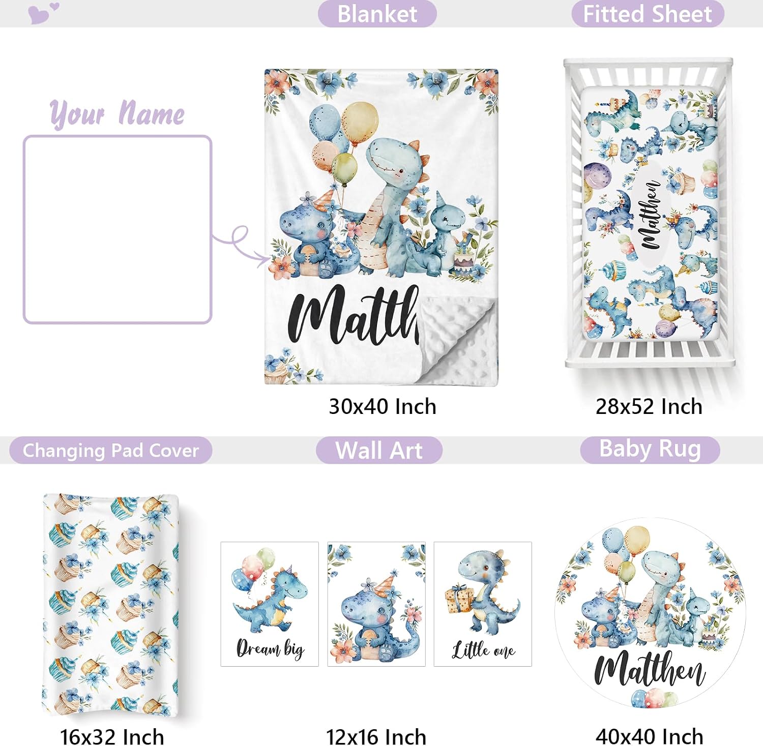 Custom Baby Crib Bedding Set, 5 PCS Personalized Name Baby Crib Sets for Girls Boys, Blue Dinosaur Theme Nursery Bedding Sets for Infant Toddler, Double Layer Flannel Bed Set Customized Gifts