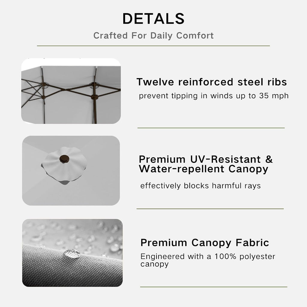 Kingdura 15ft Large Patio Umbrella with Base Included, Double-Sided Rectangle Outdoor Table Umbrella with 12 Reinforced Ribs, Crank Lift for Market Pool Deck Backyard, Light grey