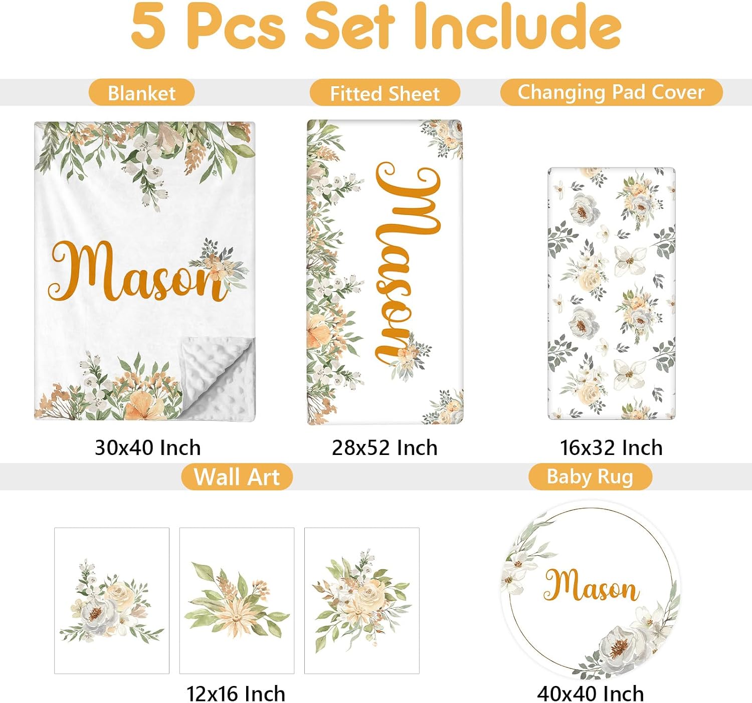 Terwex Custom Baby Crib Set - 5 Pcs Personalized Name Flowers Crib Bedding Set for Infants Toddlers - Soft Double Layer Nursery Bedding Set for Girls Boys - Customized Gifts for Baby Shower Birthday