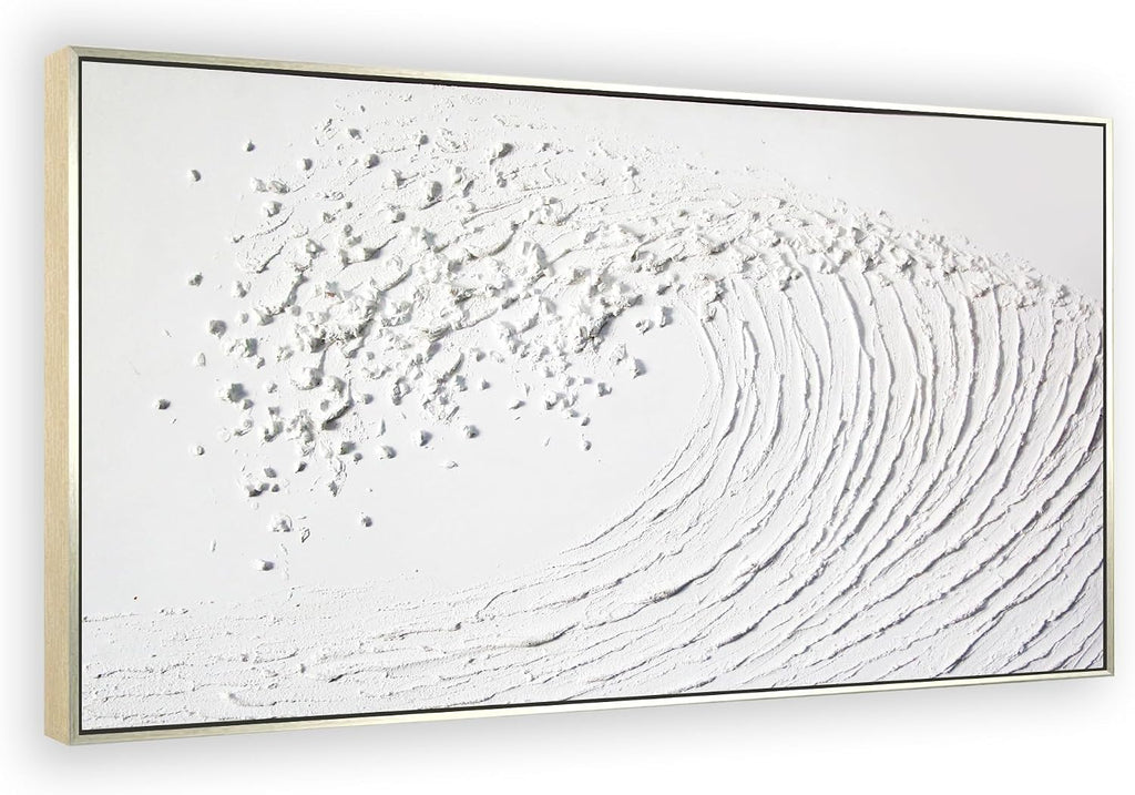 White Hand Painted Oil Painting Wall Art - Large Framed Ocean Waves 3D Textured Home Decor 48x24 Horizontal Canvas Minimalist Artwork Decoration for Living Room Bedroom