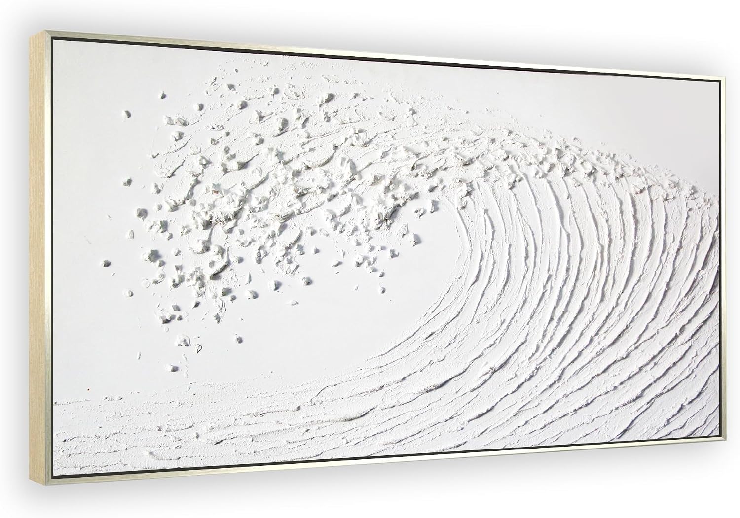 White Hand Painted Oil Painting Wall Art - Large Framed Ocean Waves 3D Textured Home Decor 48x24 Horizontal Canvas Minimalist Artwork Decoration for Living Room Bedroom