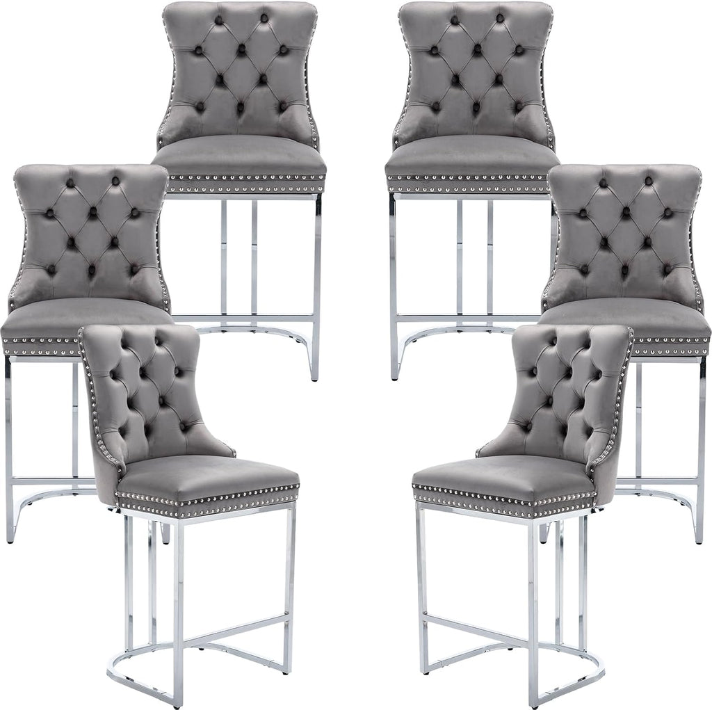 25' Counter Height Bar Stools Set of 6, Velvet Counter Stools for Kitchen Island, Tufted High Chair with Backs, Fabric Upholstered Modern Barstools for Pub Cafe, Chromed Metal Legs (Gray, 6Pcs)