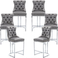 25' Counter Height Bar Stools Set of 6, Velvet Counter Stools for Kitchen Island, Tufted High Chair with Backs, Fabric Upholstered Modern Barstools for Pub Cafe, Chromed Metal Legs (Gray, 6Pcs)