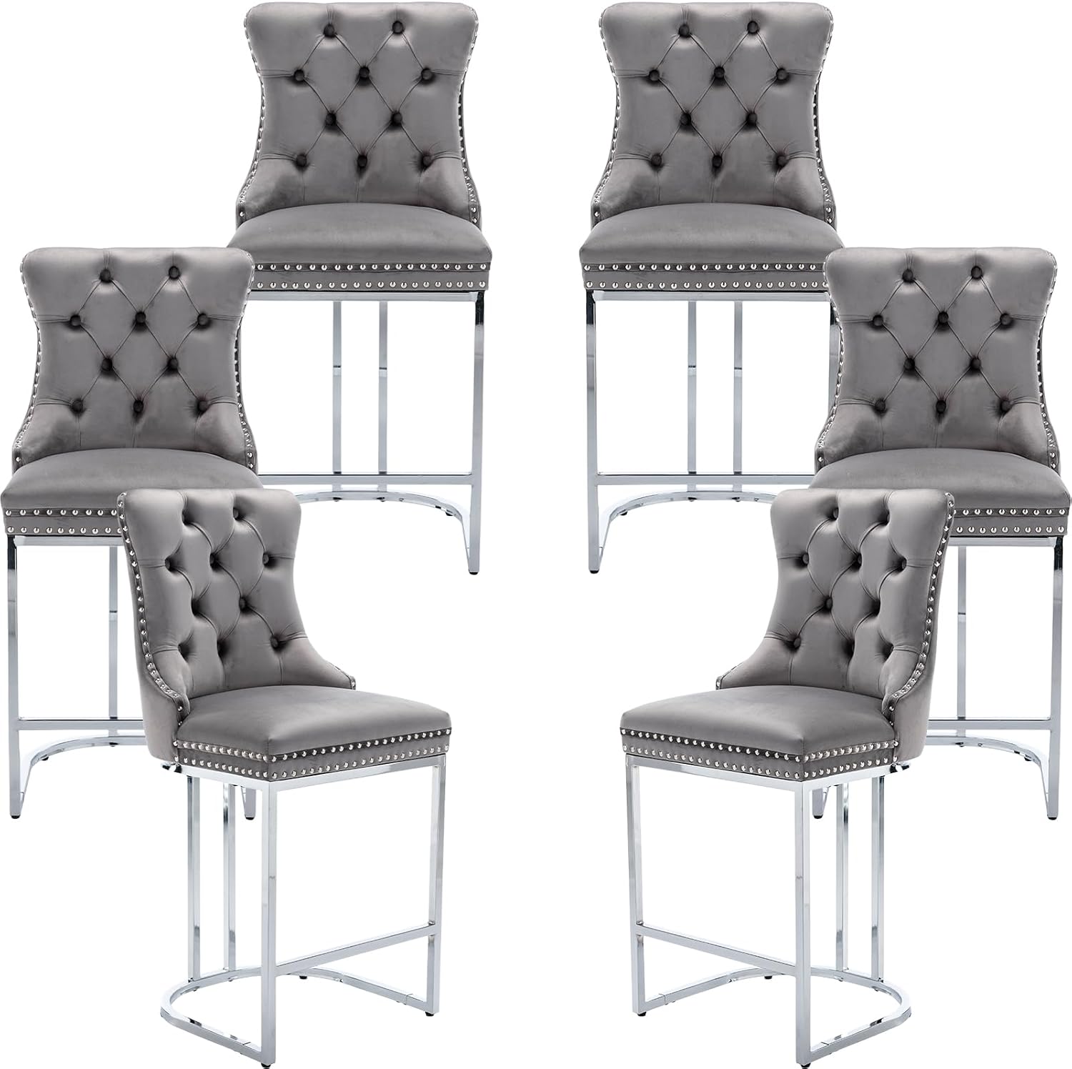 25' Counter Height Bar Stools Set of 6, Velvet Counter Stools for Kitchen Island, Tufted High Chair with Backs, Fabric Upholstered Modern Barstools for Pub Cafe, Chromed Metal Legs (Gray, 6Pcs)