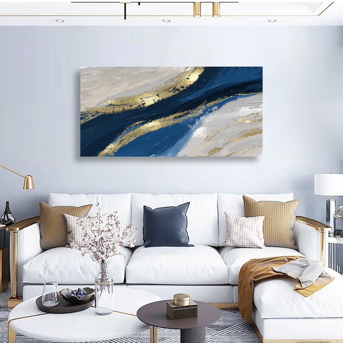 Abstract Canvas Wall Art for Living room Office Bedroom Golden Blue Wall Art Print Oil Paintings Modern Abstract River Texture Pictures Wall Decor Artwork Waterproof Ready to Hang - 70in * 35inch