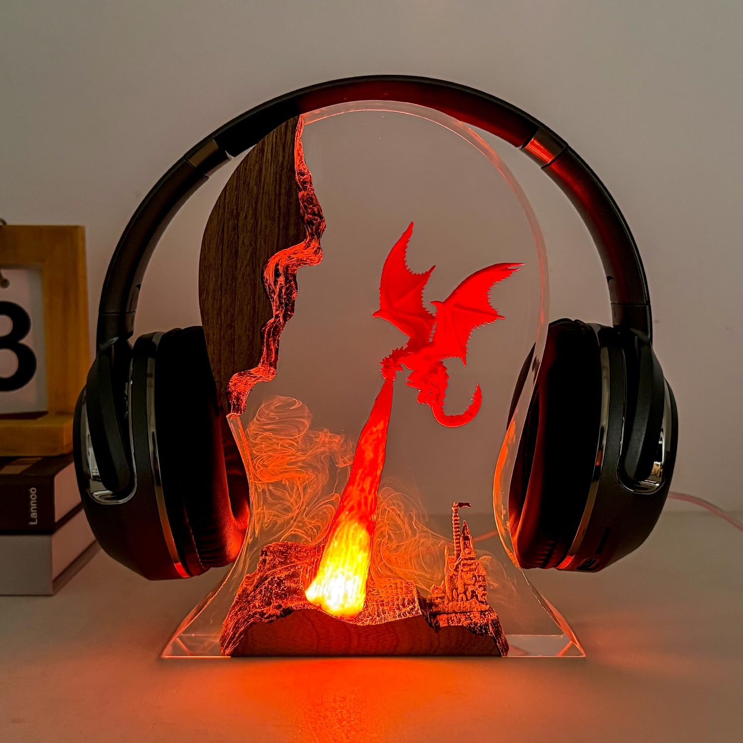 Epoxy Fire Dragon Resin Lamp,Handmade Resin Headset Holder RGB Night Light,Fantasy Decor for Home & Office,Cool Dragon Lovers Collectibles,Unique Birthday Gifts for Him Adults,Men & Gamers (9'x6')