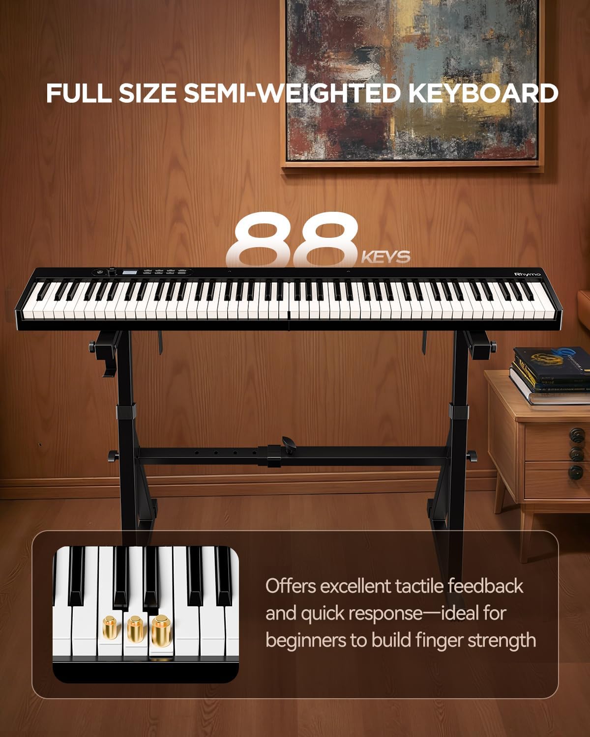 Rhymo Portable Piano Keyboard, Semi-Weighted Folding Piano 88 Key Full Size, Upgrand Imitation Wood Texture Keyboard w/MIDI Bluetooth LCD Display Screen, Sustain Pedal for Beginners Adult Toddler