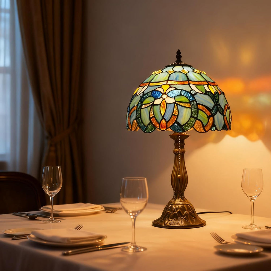 MOAN Lamp Stained Glass Table Lamp 12X12X19 Inch Bedside Reading Light Antique Bronze Base(Blue Baroque Style)