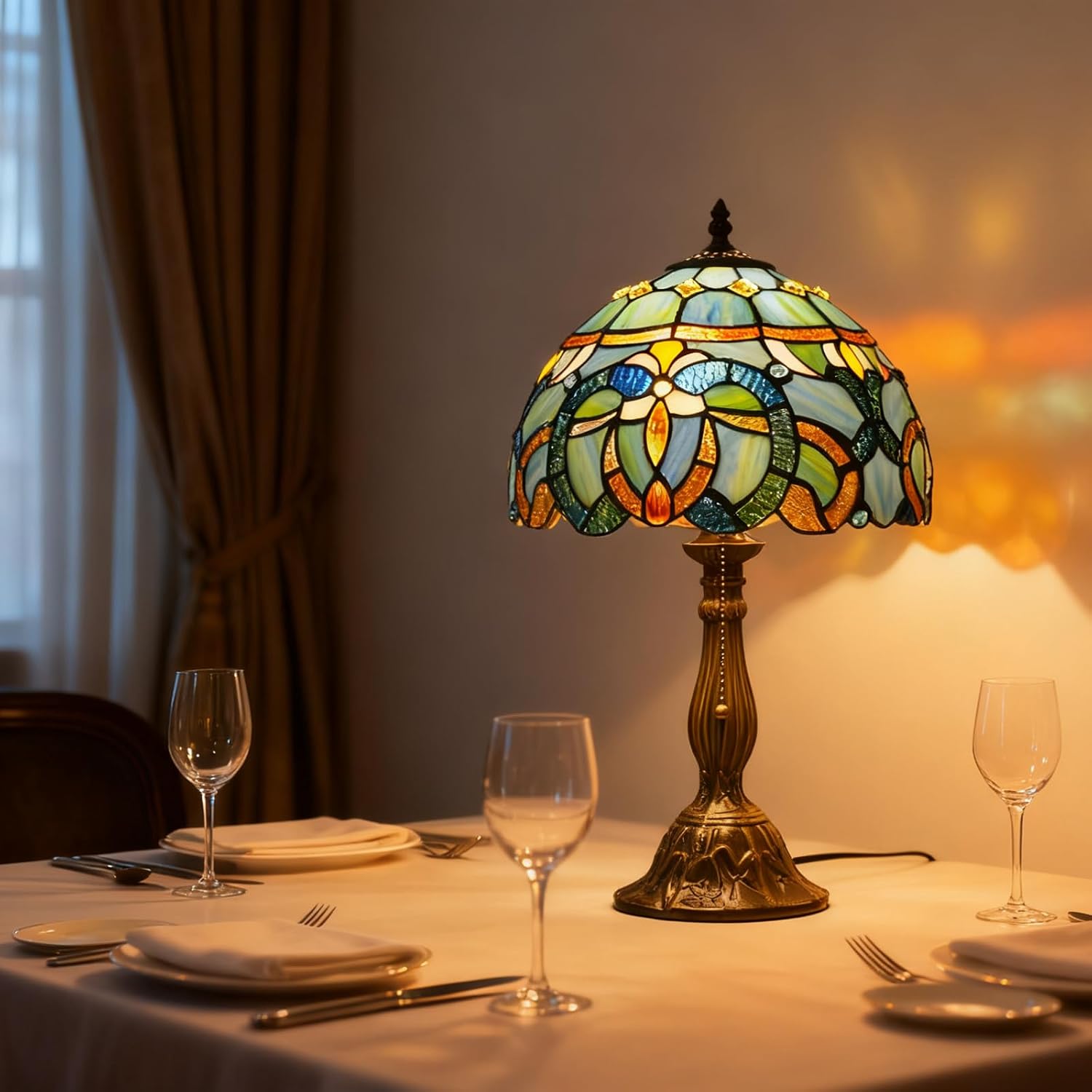 MOAN Lamp Stained Glass Table Lamp 12X12X19 Inch Bedside Reading Light Antique Bronze Base(Blue Baroque Style)