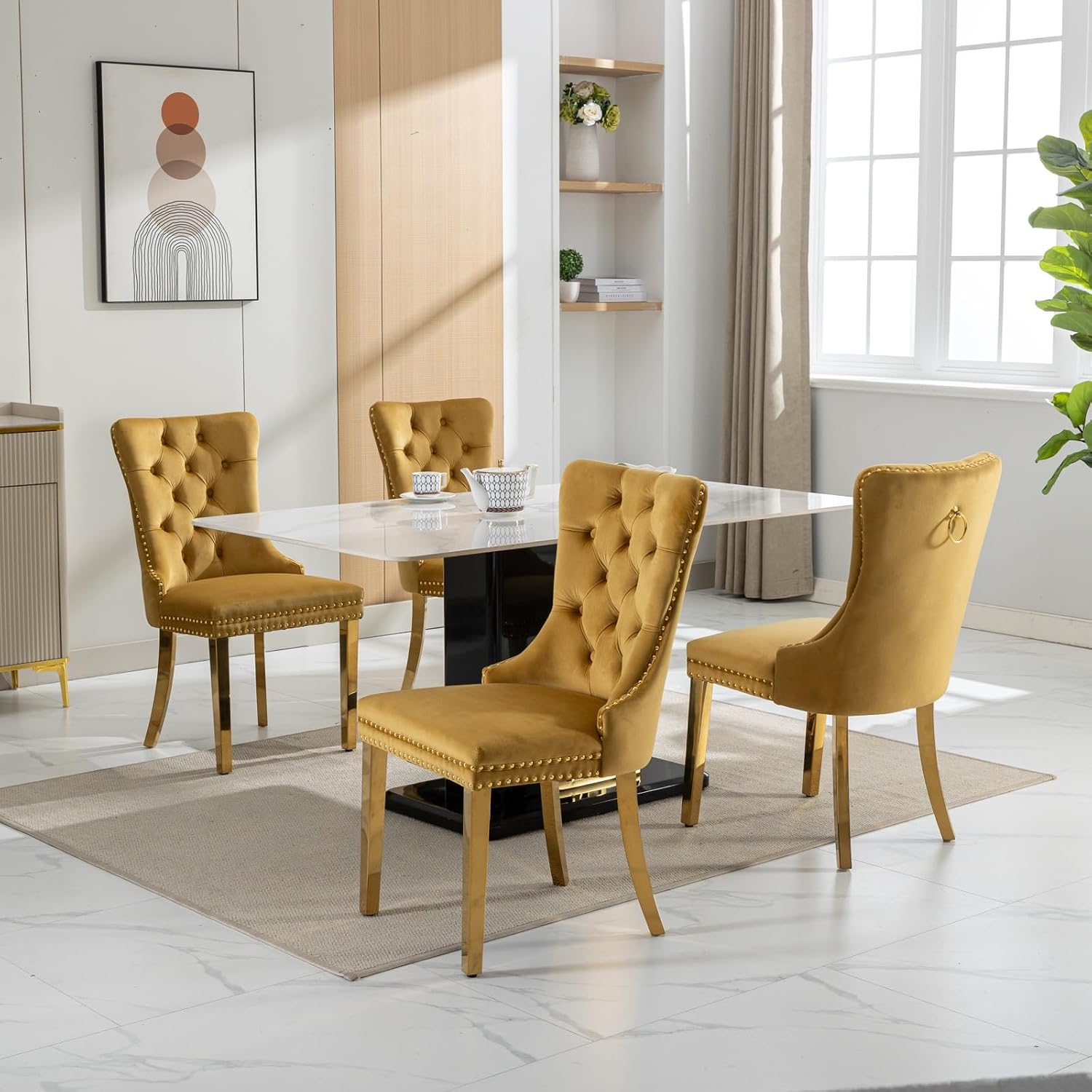 2 Piece Contemporary Velvet Upholstered Dining Chair with Chrome Stainless Steel Plating Legs, Nail Head Decro, Armless Tufted Dining Chair Fabric Dining Room Chair (Gold, Set of 2)