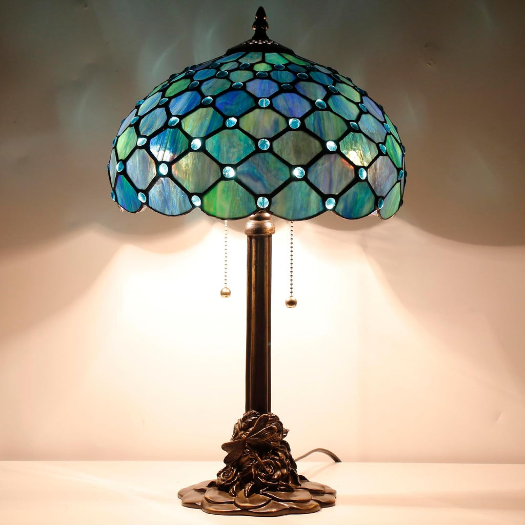 Tiffany Table Lamp Stained Glass Desk Lamp 12X12X21Inch Resin Base for Bedroom Living Room Reading Light (Sea Blue Pearl)