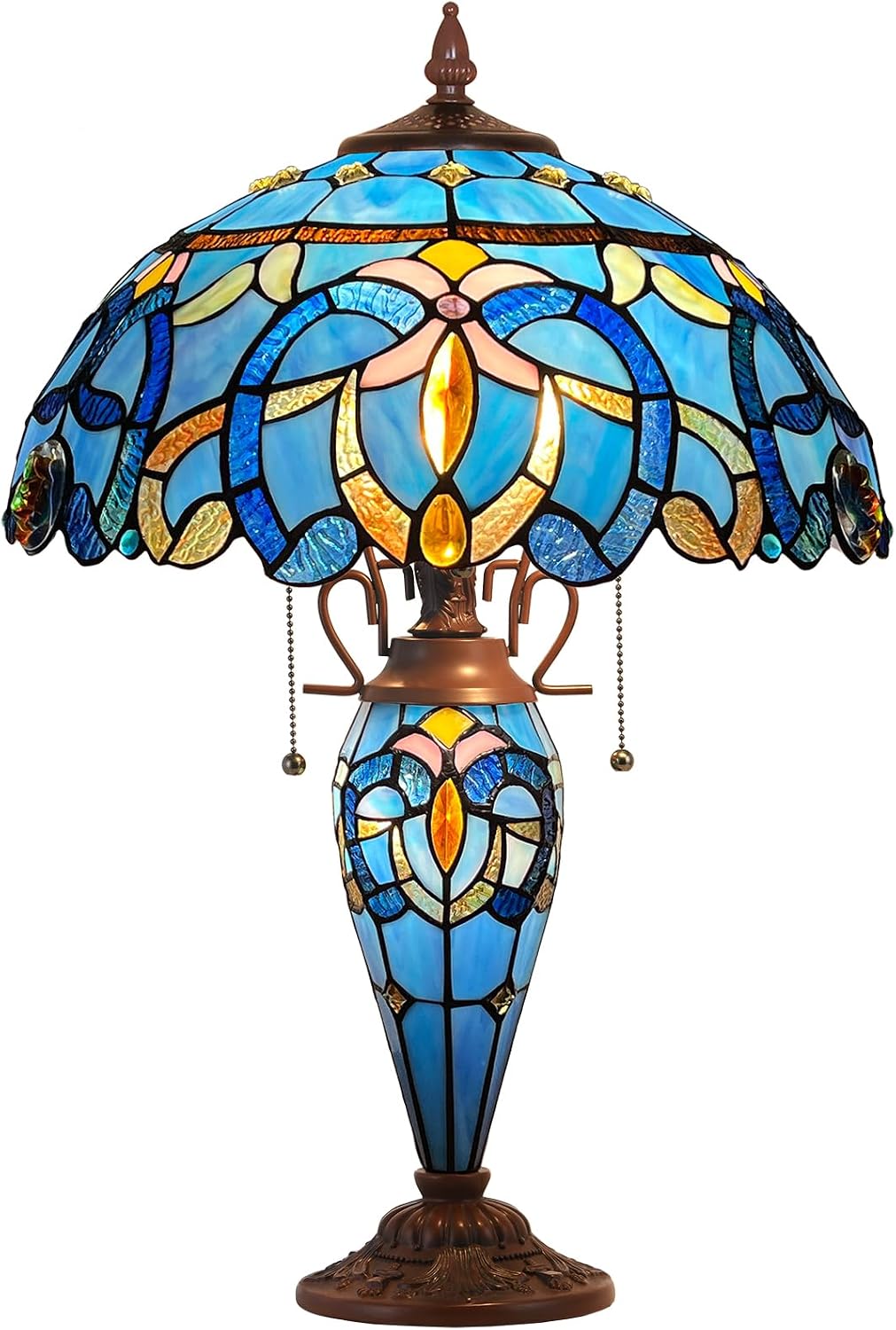Capulina Tiffany Lamp Stained Glass Table Lamp 3-Light 16x16x24 Inches Blue Brown Style Mother-Daughter Vase Desk Lamp for Bedrooms Living Room Study Home Office