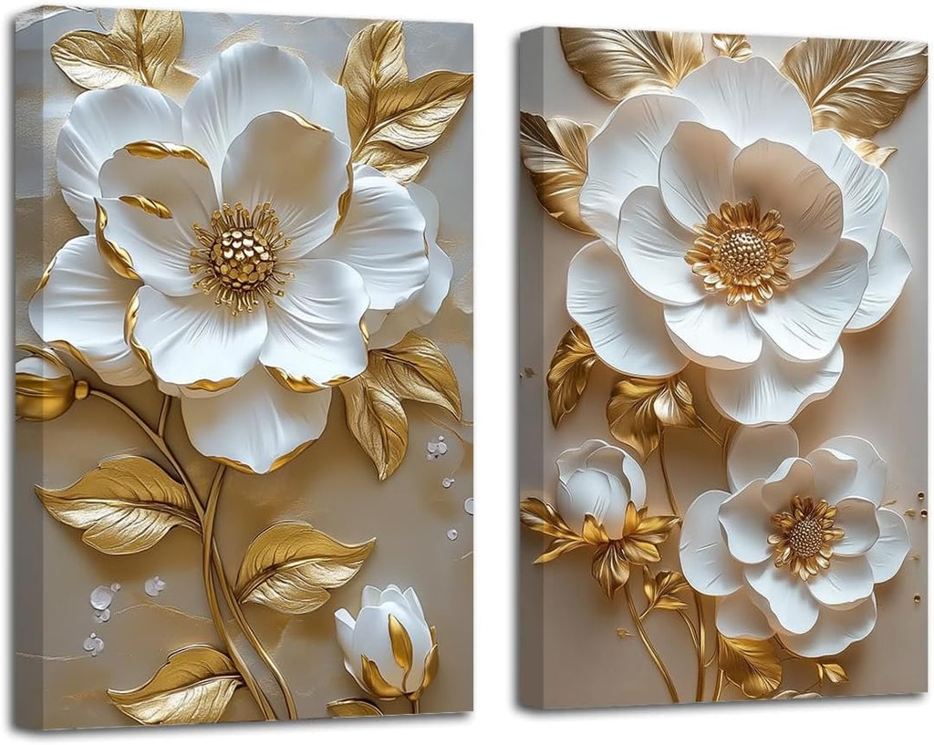 LZIMU White and Gold Flower Canvas Wall Art Elegant Golden Floral Leaves Painting Prints Abstract Floral Pictures Wall Decor for Living Room Framed (24x36inchx2 Pieces)