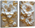 LZIMU White and Gold Flower Canvas Wall Art Elegant Golden Floral Leaves Painting Prints Abstract Floral Pictures Wall Decor for Living Room Framed (24x36inchx2 Pieces)