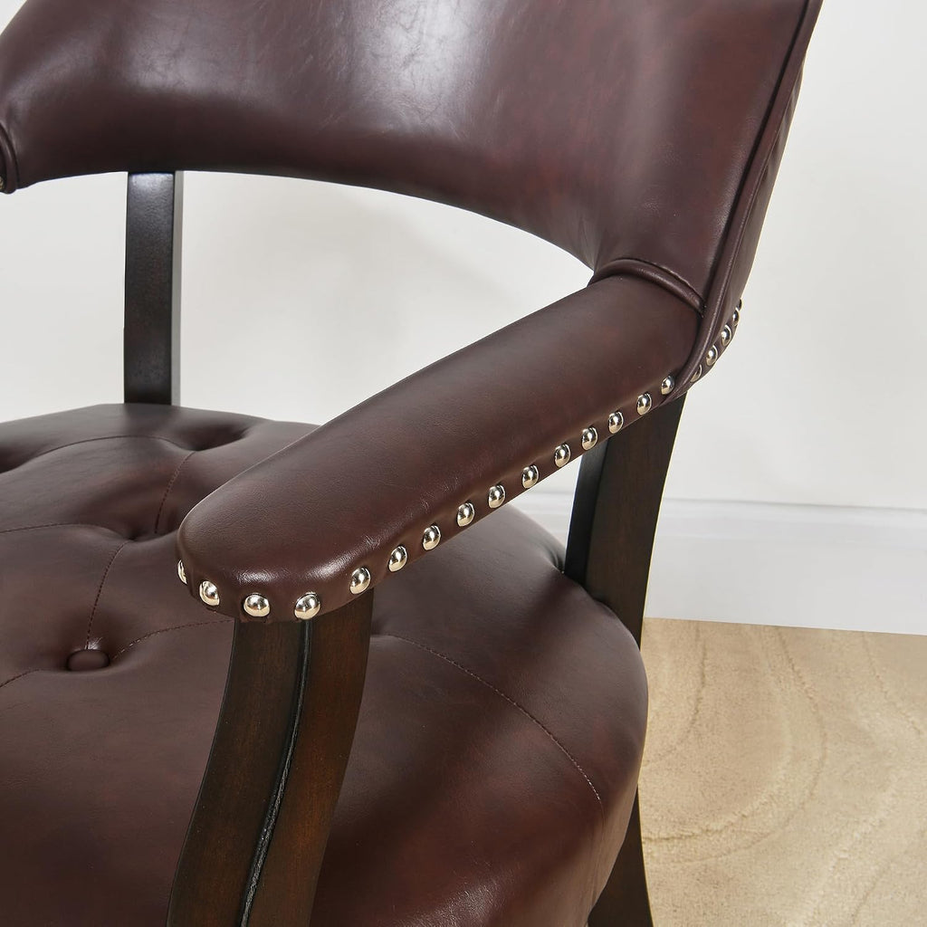 Dining Chairs with Upholstered and Arms,Office Desk Chair with Metal Rivets. PU Boss Captain's Chairs,Classic Accent Stools for Dining Room, Bedroom Brown Legs & Wine Red NX173-318WR