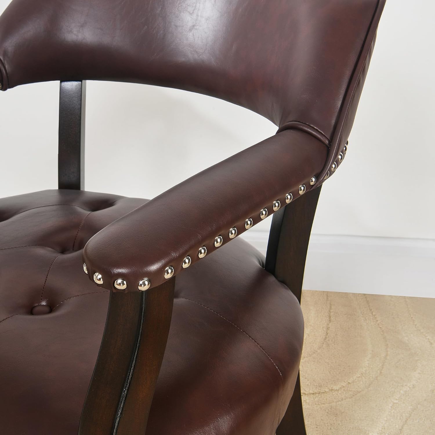 Dining Chairs with Upholstered and Arms,Office Desk Chair with Metal Rivets. PU Boss Captain's Chairs,Classic Accent Stools for Dining Room, Bedroom Brown Legs & Wine Red NX173-318WR