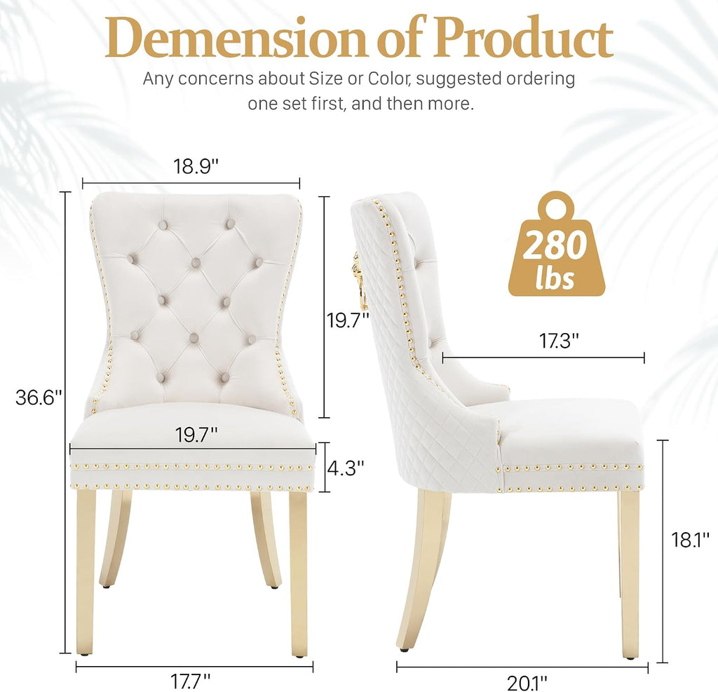 civama Dining Chairs Set of 2, Elegant Luxury Velvet Tufted Dining Chairs Golden Legs & Nailhead Trim, Back Lion Head Pull Ring & Rhomboid Pattern, Nikki Collection Armless Kitchen Chair, Beige