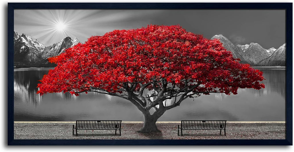 Black and White Red Tree Wall Art Canvas Print Picture Large Red Tree Landscape Modern Artwork for Living Room Bedroom Office Home Wall Decor With Frame 29X58inch Black Framed