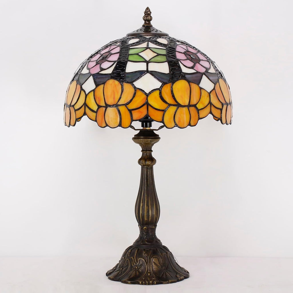 Tiffany Lamp Touch Control Table Lamp Orange Flower Style Stained Glass 12×12×19 Inches Desk Reading Light Bedroom Office
