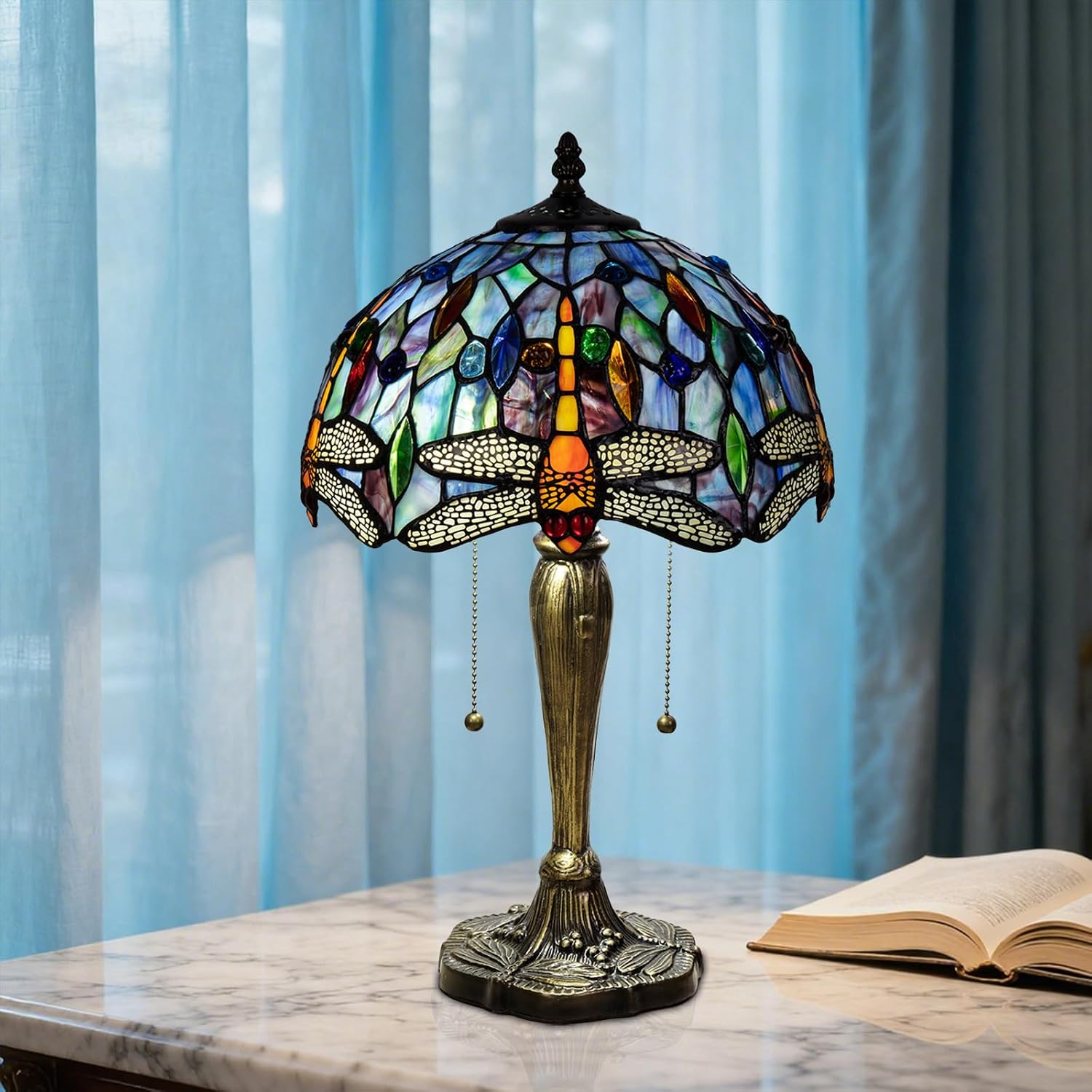 Tiffany Table Lamp, 12 Inch Dragonfly Stained Glass Lamp,Tiffany Style Lamp for Bedroom Living Room Home, Handcrafted Light, Included Bulb