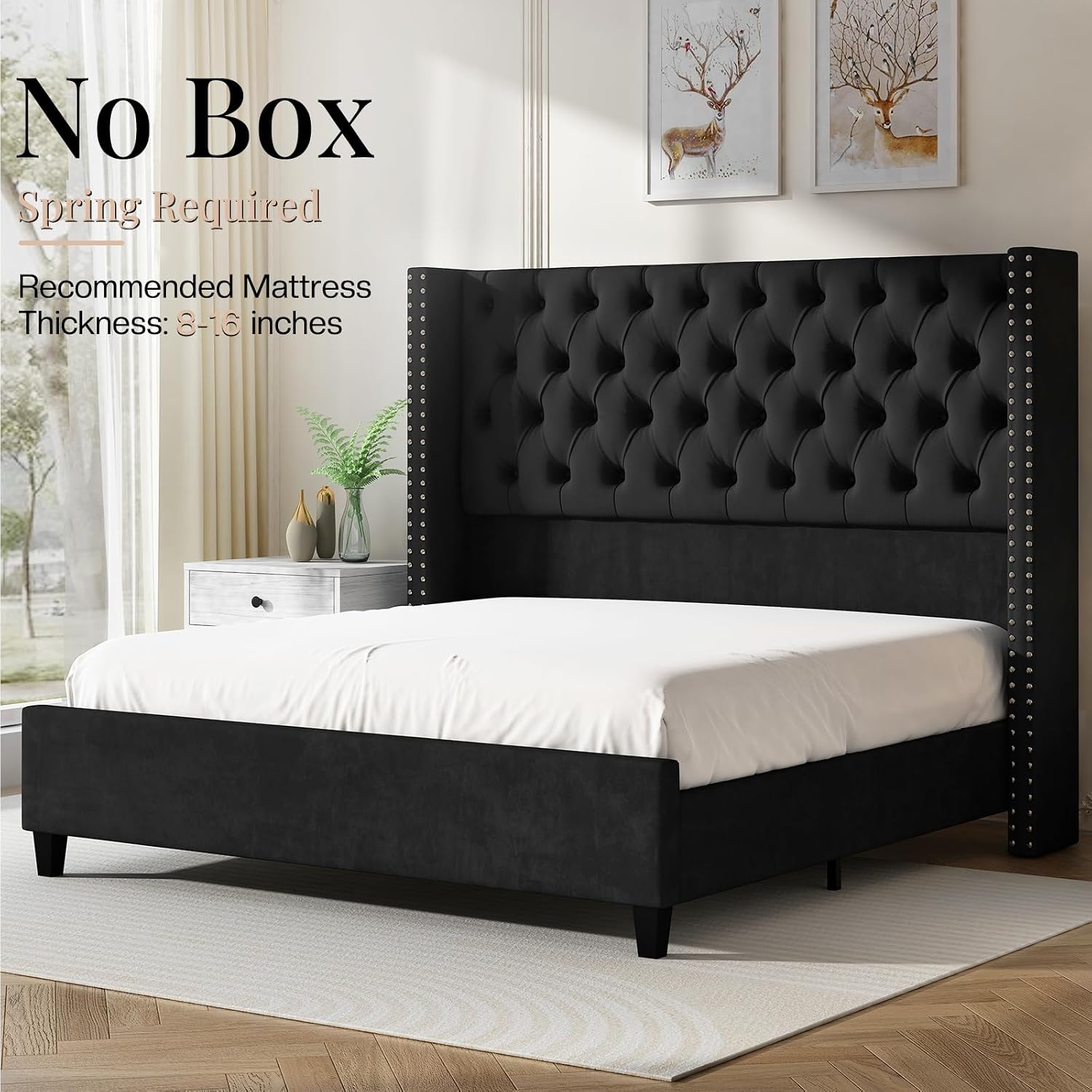 Jocisland Queen Size Velvet Upholstered Platform Bed Frame with 52' Tall Wingback Headboard, Deep Button Tufting, No Box Spring Required, Elegant Black