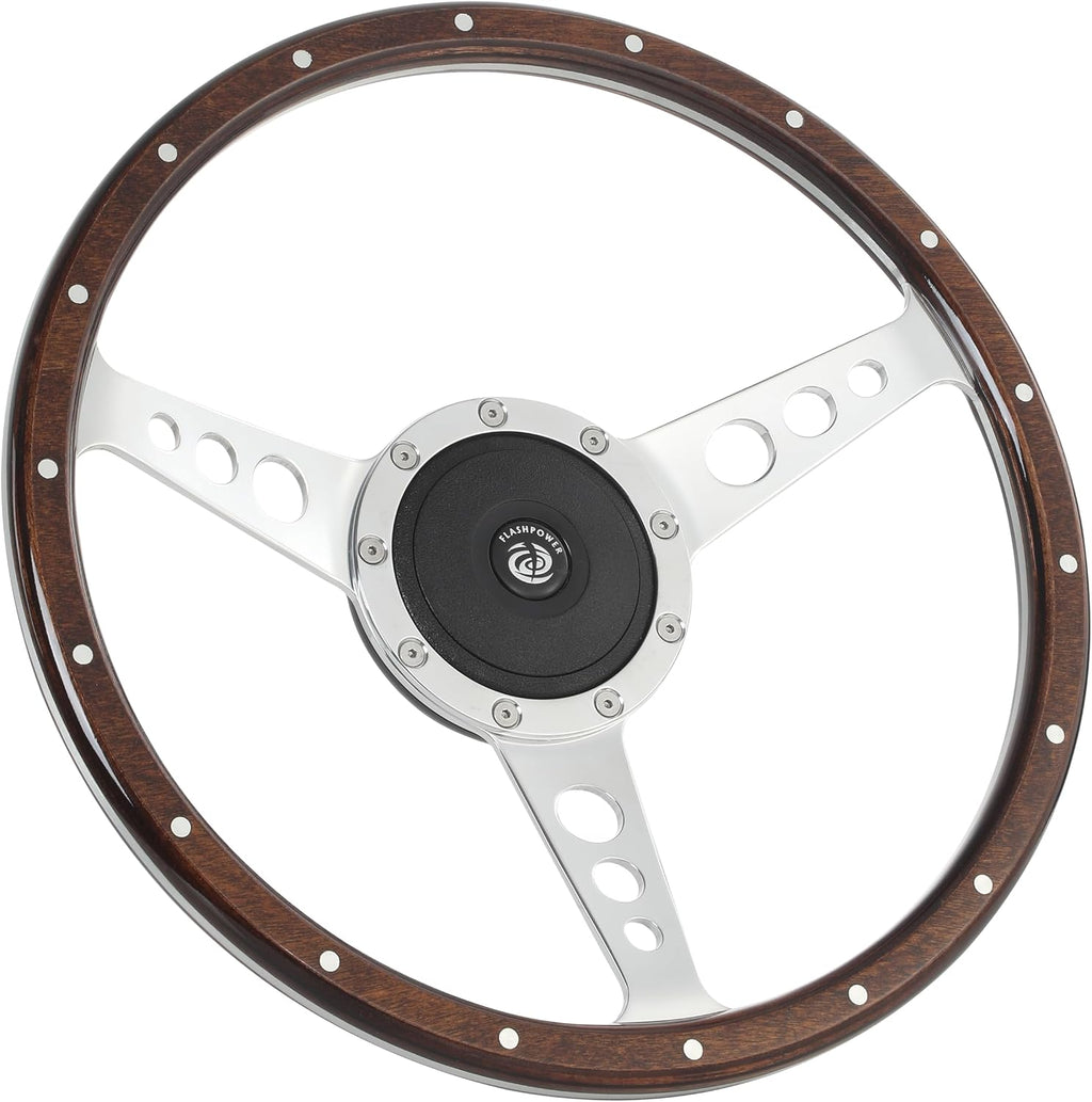 14'' Classic wooden steering wheel Custom Mustang Shelby AC Cobra 18 Rivets with Horn Button