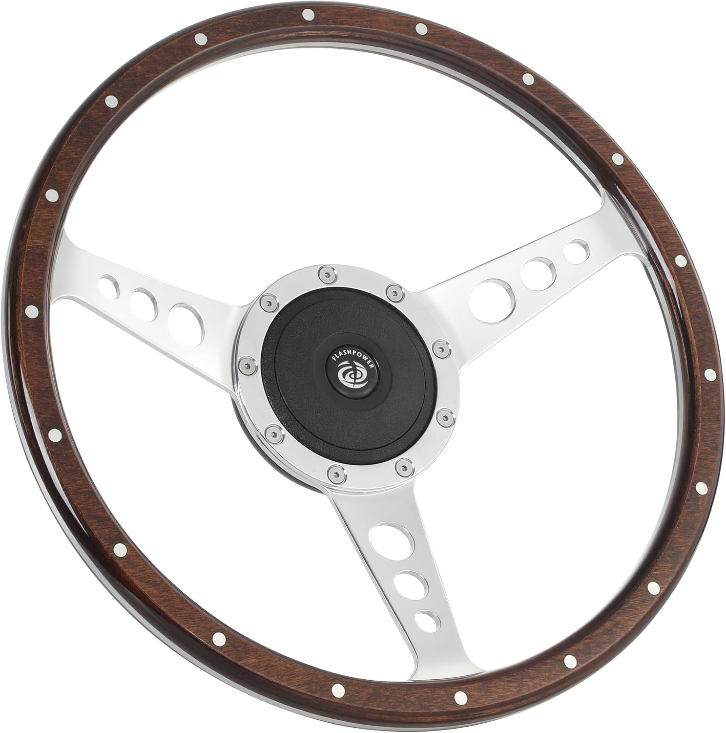 14'' Classic wooden steering wheel Custom Mustang Shelby AC Cobra 18 Rivets with Horn Button
