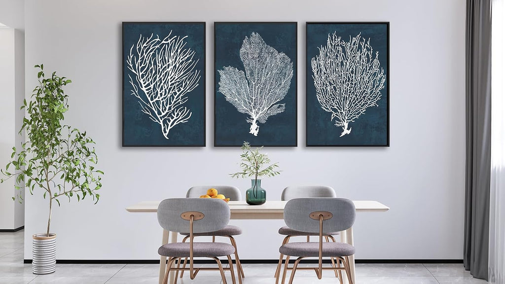 Large Framed Coral Wall Art - Navy Blue Coastal Wall Decor Painting 32'x48' Set of 3 Minimalist Beach Wall Art Prints Rustic Ocean Coral Canvas Pictures for Living Room Bedroom Office Artwork