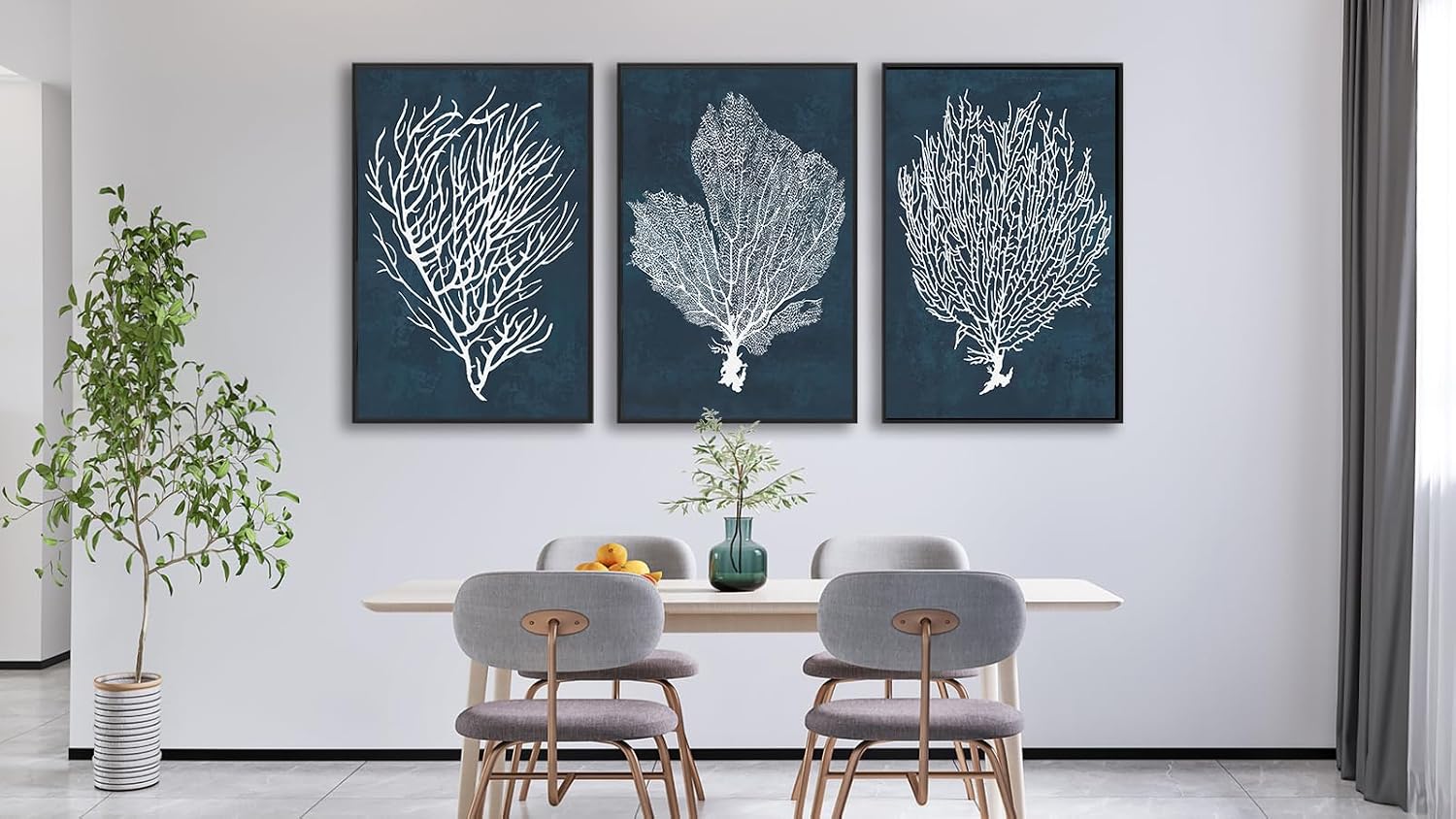 Large Framed Coral Wall Art - Navy Blue Coastal Wall Decor Painting 20'x28' Set of 3 Minimalist Beach Wall Art Prints Rustic Ocean Coral Canvas Pictures for Living Room Bedroom Office Artwork