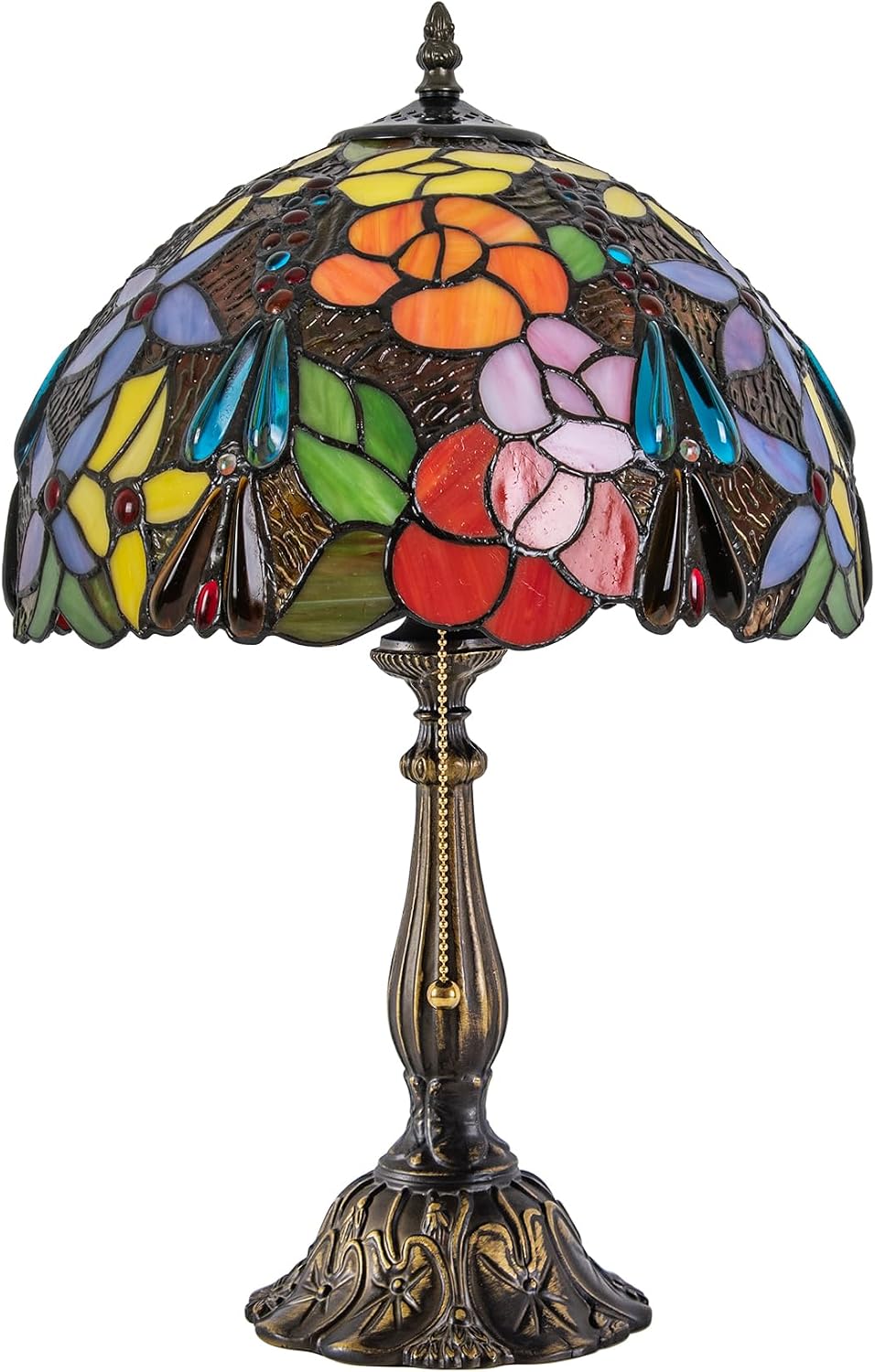 Tiffany Style Stained Glass Table Lamp, Floral Flower Desk Light with Antique Bronze Resin Base, Colorful Decorative Lighting for Bedroom, Living Room, Office 12X12X19 Inch (Flower Floral)