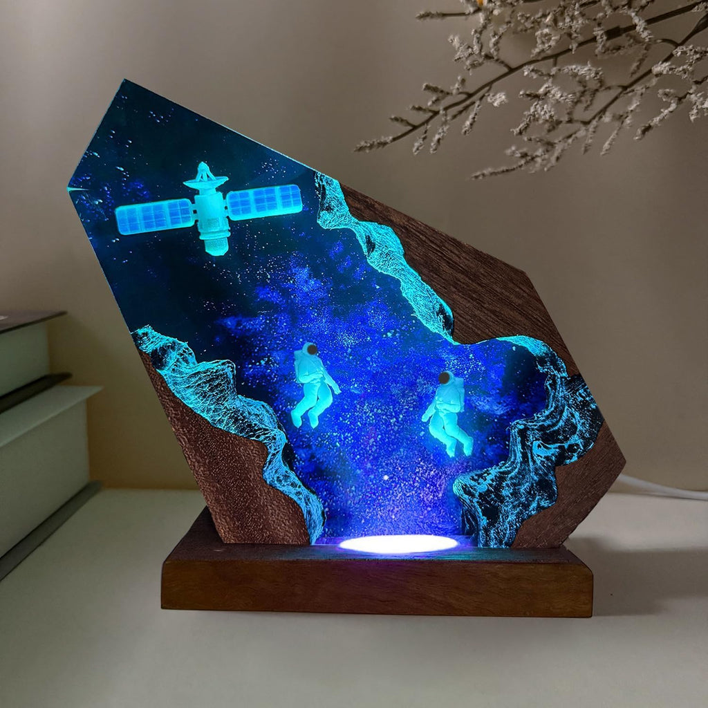 Handcrafted Astronaut Resin Lamp, RGB Galaxy Light with Wood Base USB Charging, Space Themed Bedroom Decor, Astronomy Gift for Teens,Sci-Fi Lovers Birthday & Christmas (L 10'x6')