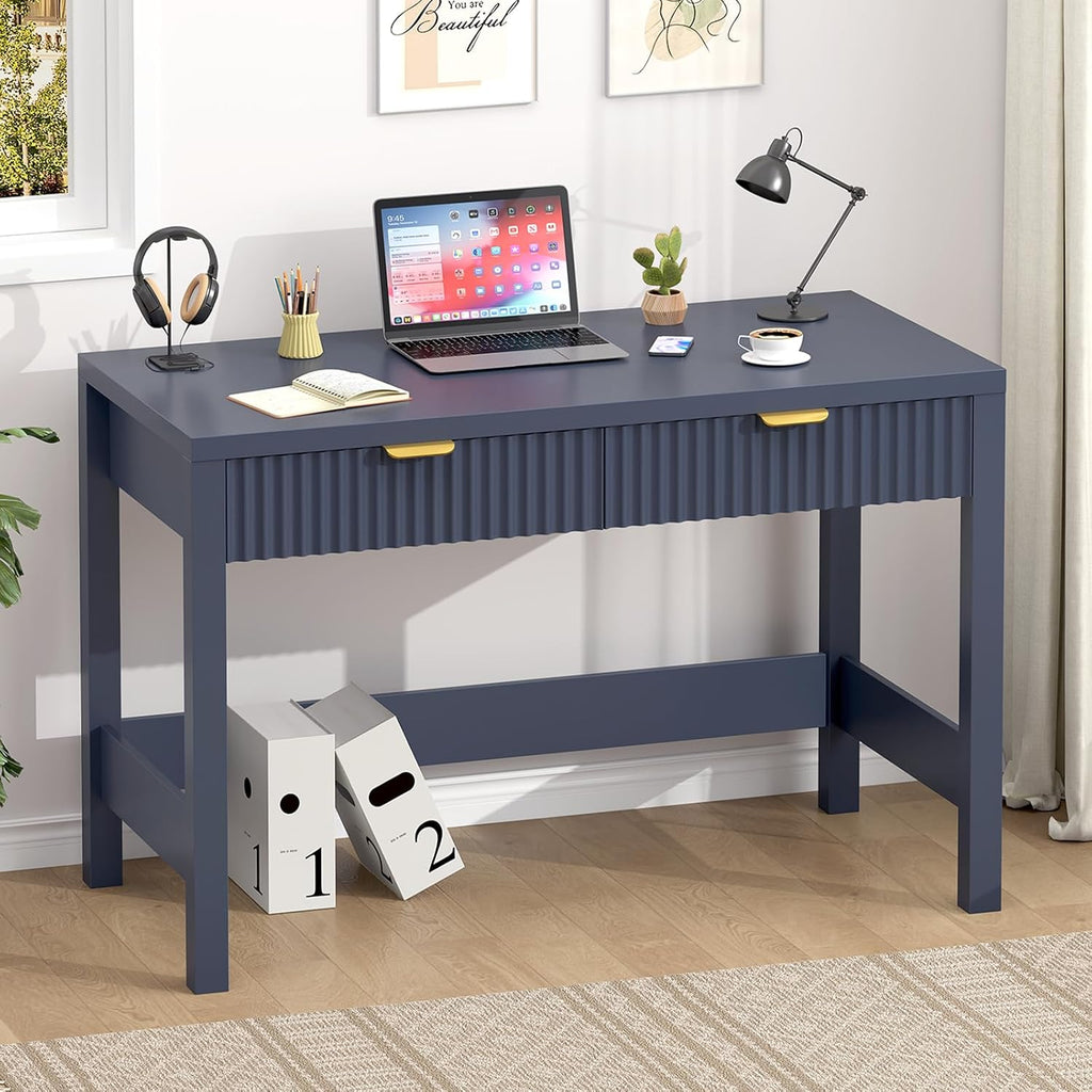 YOMILUVE Fluted Computer Desk with 2 Drawers, 39 Inch Small Computer Desk with Storage, Compact Writing Study Desk for Small Spaces, Blue