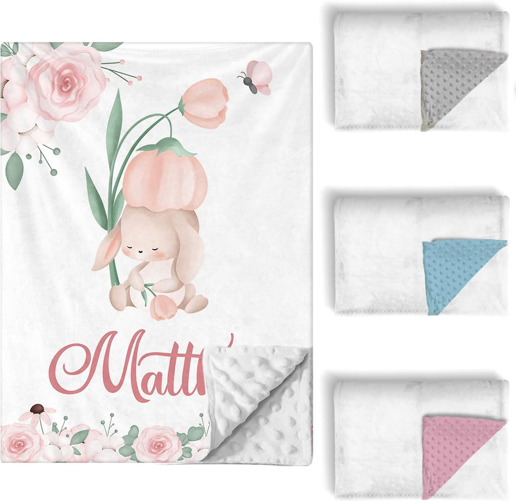Custom Baby Crib Bedding Set, 5 PCS Personalized Name Baby Crib Sets for Girls Boys, Cute Rabbit Theme Nursery Bedding Sets for Infant Toddler, Double Layer Flannel Bed Set Customized Gifts