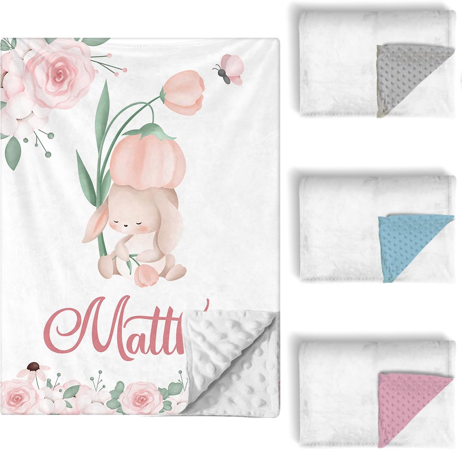 Custom Baby Crib Bedding Set, 5 PCS Personalized Name Baby Crib Sets for Girls Boys, Cute Rabbit Theme Nursery Bedding Sets for Infant Toddler, Double Layer Flannel Bed Set Customized Gifts