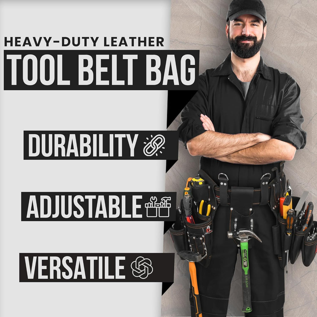 Daisy Leather PRO DL-101 Oil tanned Premium 25 pockets Heavy duty Tool Belt, Carpenter belt Pouch for Construction, Carpenter, Craftsman and Electricians workers, Black, X-Large