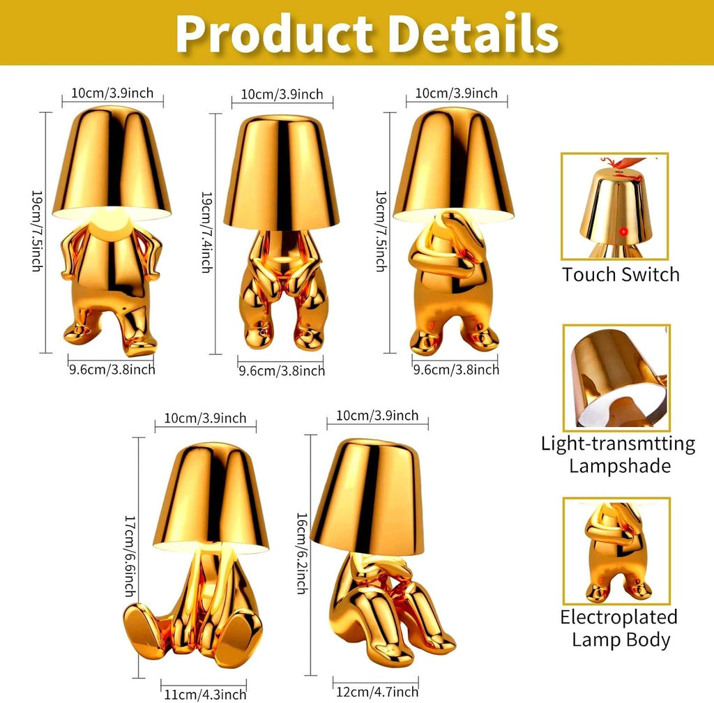 Thinker Lamp Collection, Gold Bedside Touch Table Lamp Cute Desk Decor Cordless Rechargeable Nightstand Night Light with Dimmable Brightness for Home, Office, Bedroom (5 Pack)
