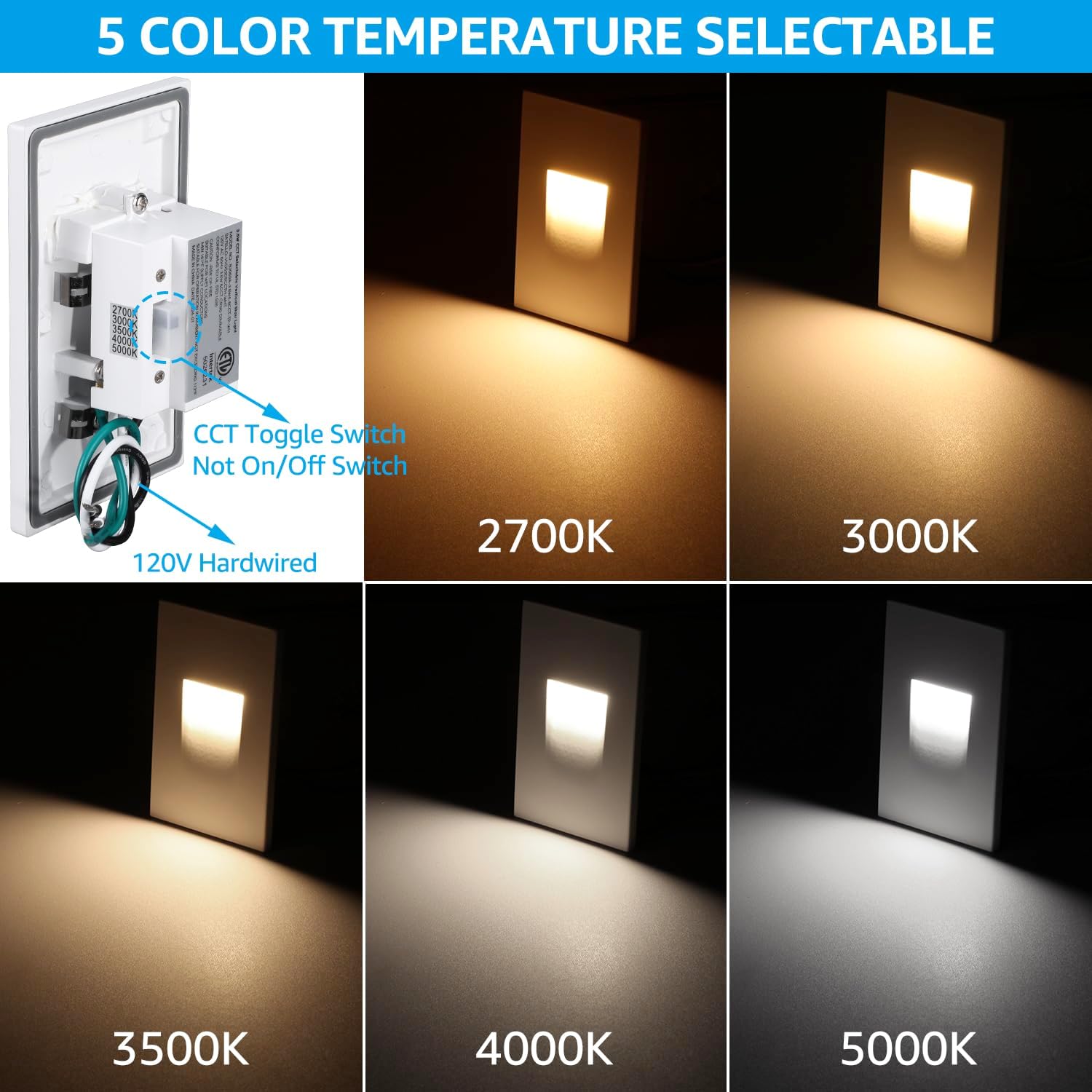 LEONLITE 12-Pack 5CCT 120V LED Step Lights, 3.5W 5%-100% Dimmable Stair Lights Indoor Outdoor Wet Location, CRI90, ETL, Aluminum, 150LM, Vertical, 2700K/3000K/3500K/4000K/5000K, White