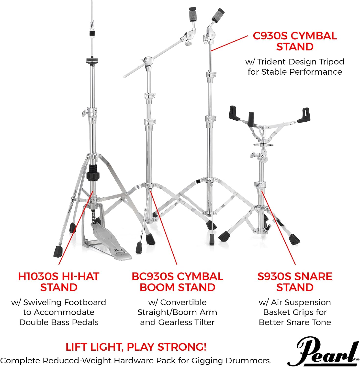 Pearl 930 Series HWP930S Single Braced Hardware Pack Includes Snare, Straight Cymbal, Boom Cymbal, and Hi Hat Stands