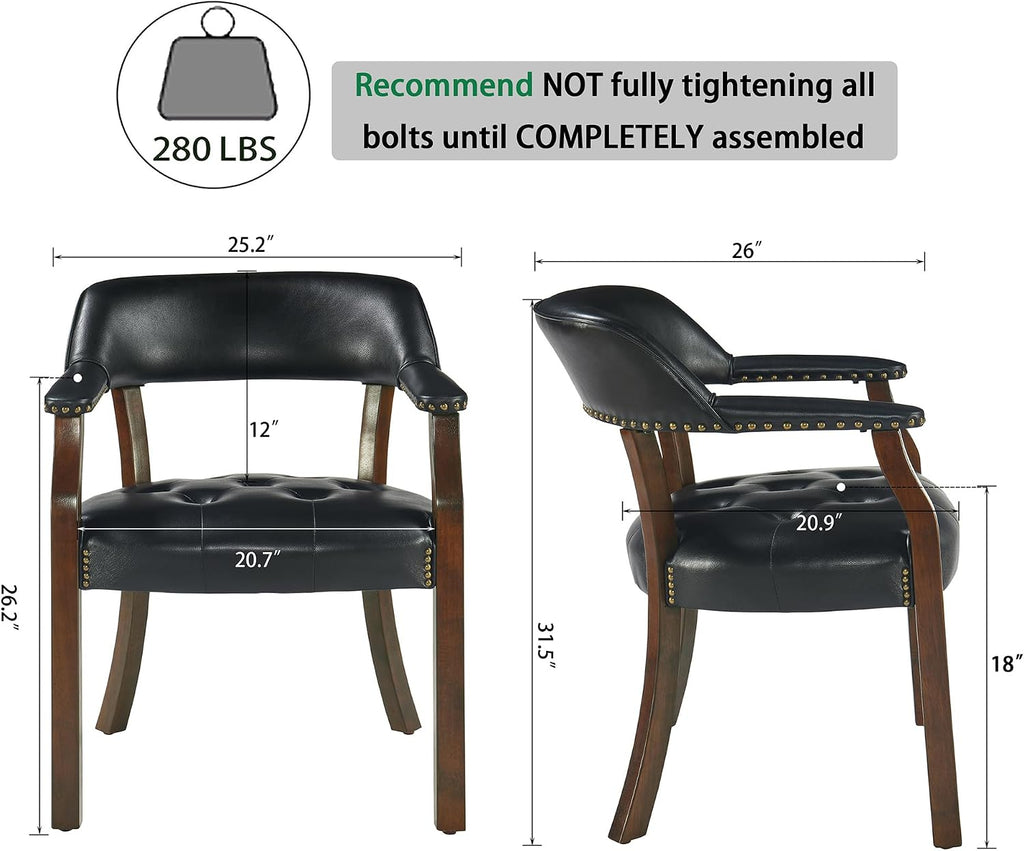 Large Dining Chairs with Upholstered and Arm,Solid Wood Wide Office Desk Chair Stool. Faux Leather Boss Captain's Chairs,Classic Accent Chairs for Kitchen, Cherry Walnut Legs & Black NX173D