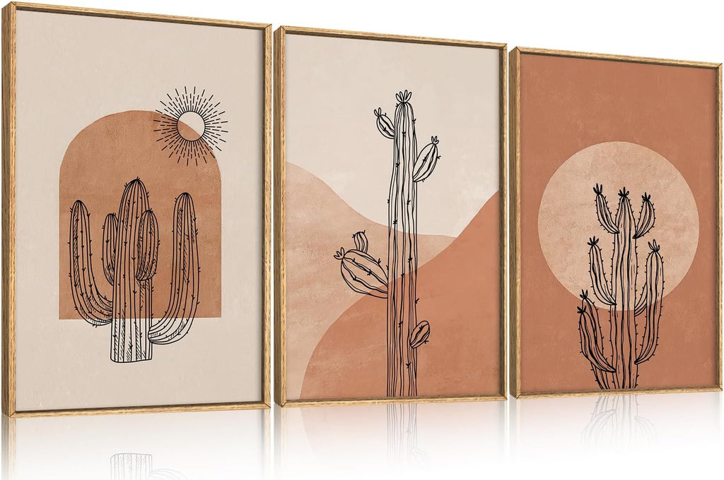 Ausril Boho Minimalist Cactus Framed Canvas Wall Art Set, Mid Century Saguaro Wall Decor, Abstract Geometric Desert Wall Painting, Beige Brown Plant Art Prints for Living Room, Bedroom, Office - 24'X36'X3