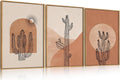 Ausril Boho Minimalist Cactus Framed Canvas Wall Art Set, Mid Century Saguaro Wall Decor, Abstract Geometric Desert Wall Painting, Beige Brown Plant Art Prints for Living Room, Bedroom, Office - 24'X36'X3
