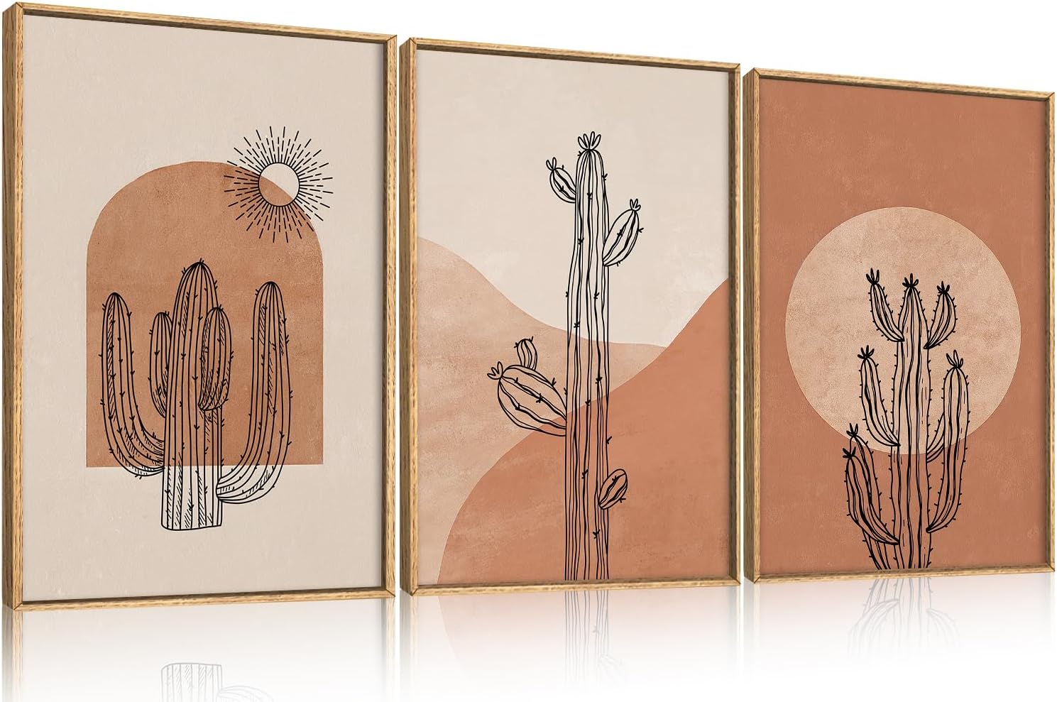 Ausril Boho Minimalist Cactus Framed Canvas Wall Art Set, Mid Century Saguaro Wall Decor, Abstract Geometric Desert Wall Painting, Beige Brown Plant Art Prints for Living Room, Bedroom, Office - 24'X36'X3