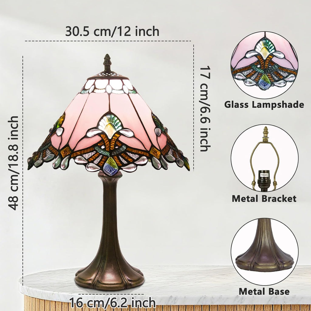 Tiffany Style Table Lamp, Small Stained Glass Lamp for Bedside, Bedroom, Nightstand, Living Room, 12 Inch Mini Vintage Light Included E26 Bulbs with Remote Control (Pink Umbrella)