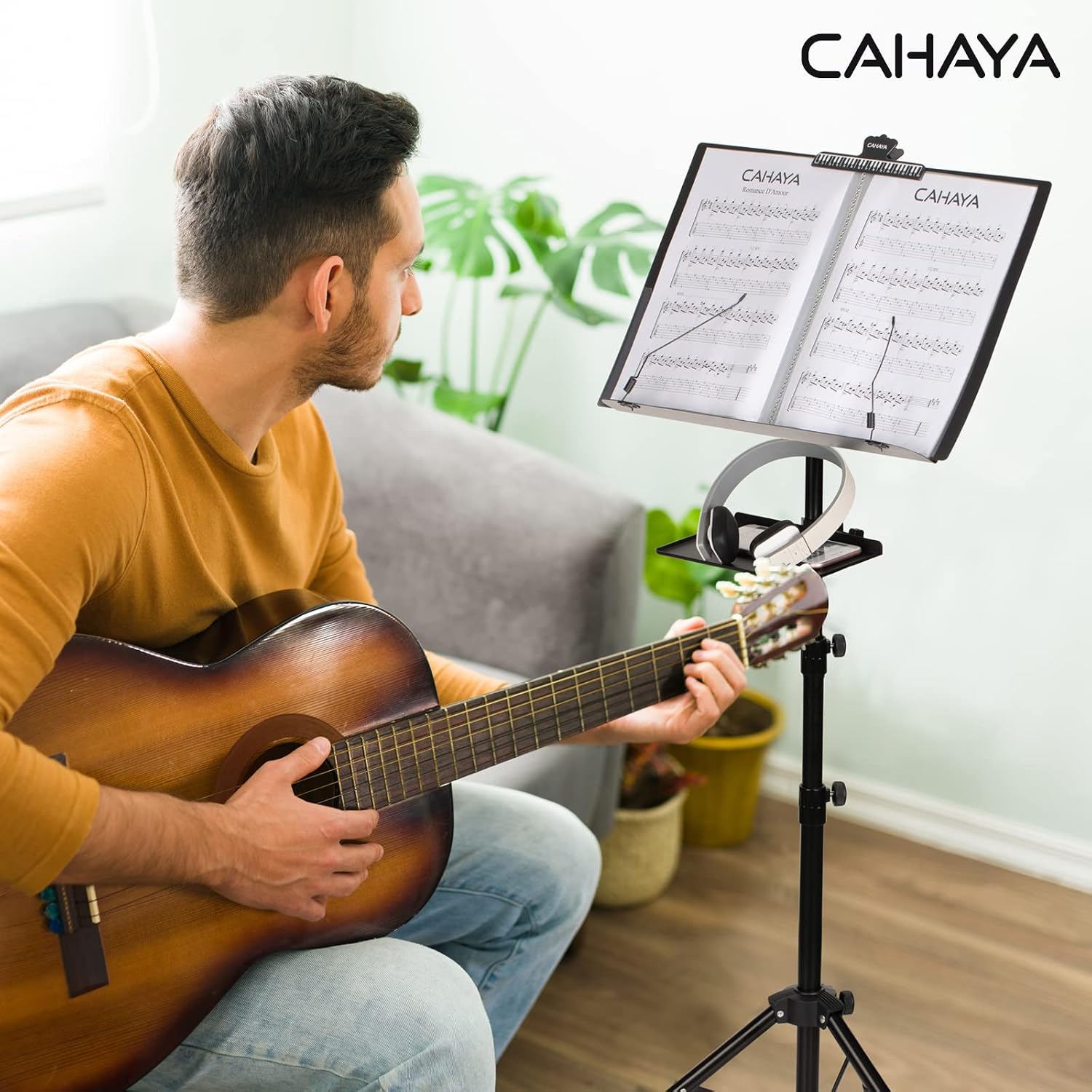 CAHAYA - Dual Use Sheet Music Stand with Holding Tray and Desktop Book Holder, Sheet Music Folder, Projector Stand for Guitar, Ukulele, Violin Players