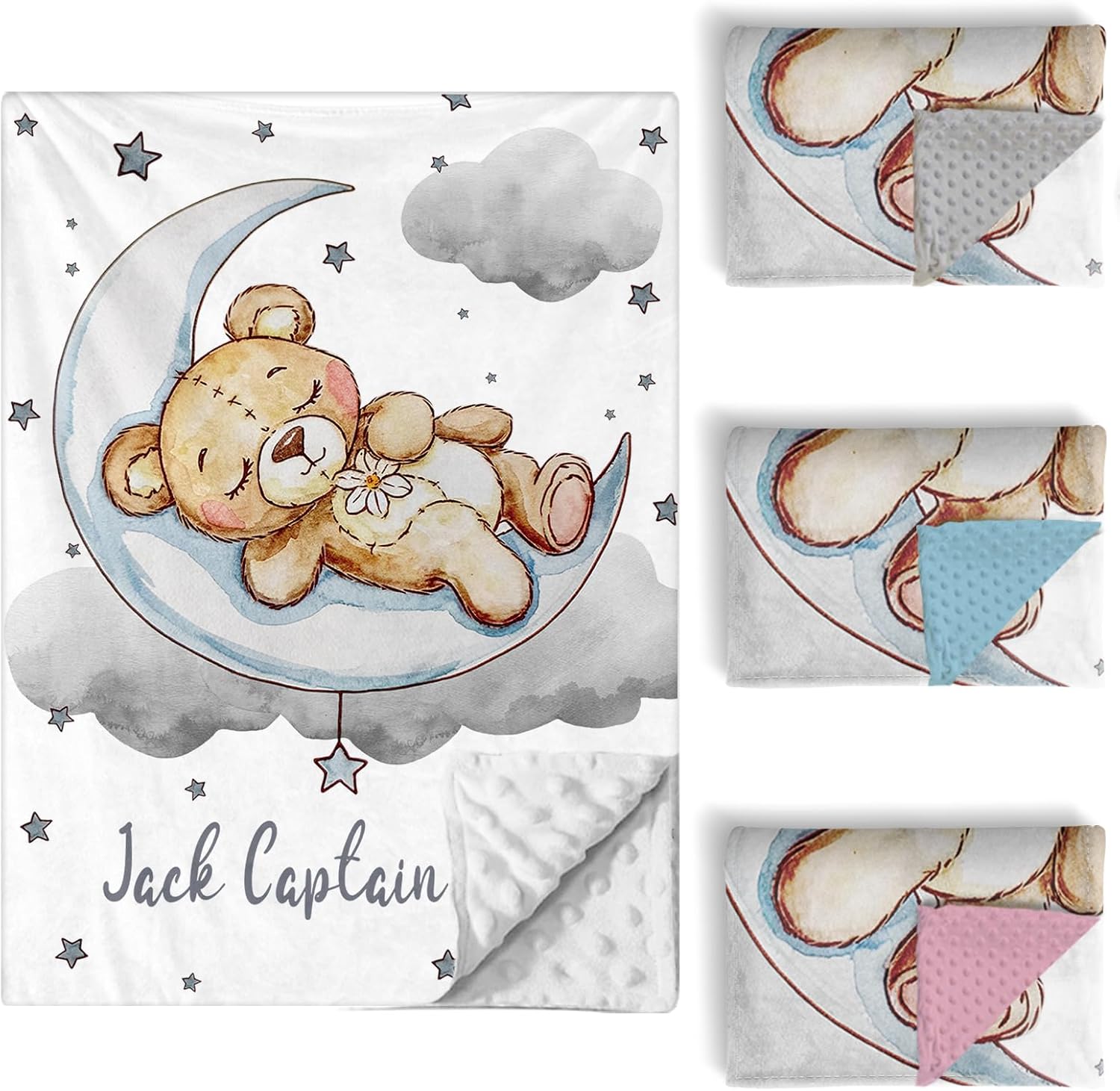 Personalized Baby Crib Bedding Set, 5 Pcs Custom Name Nursery Bedding Set for Girls Boys, Grey Moon Bear Baby Crib Set for Toddlers Infants, Double Layer Bedding Crib Sets Customized Gifts