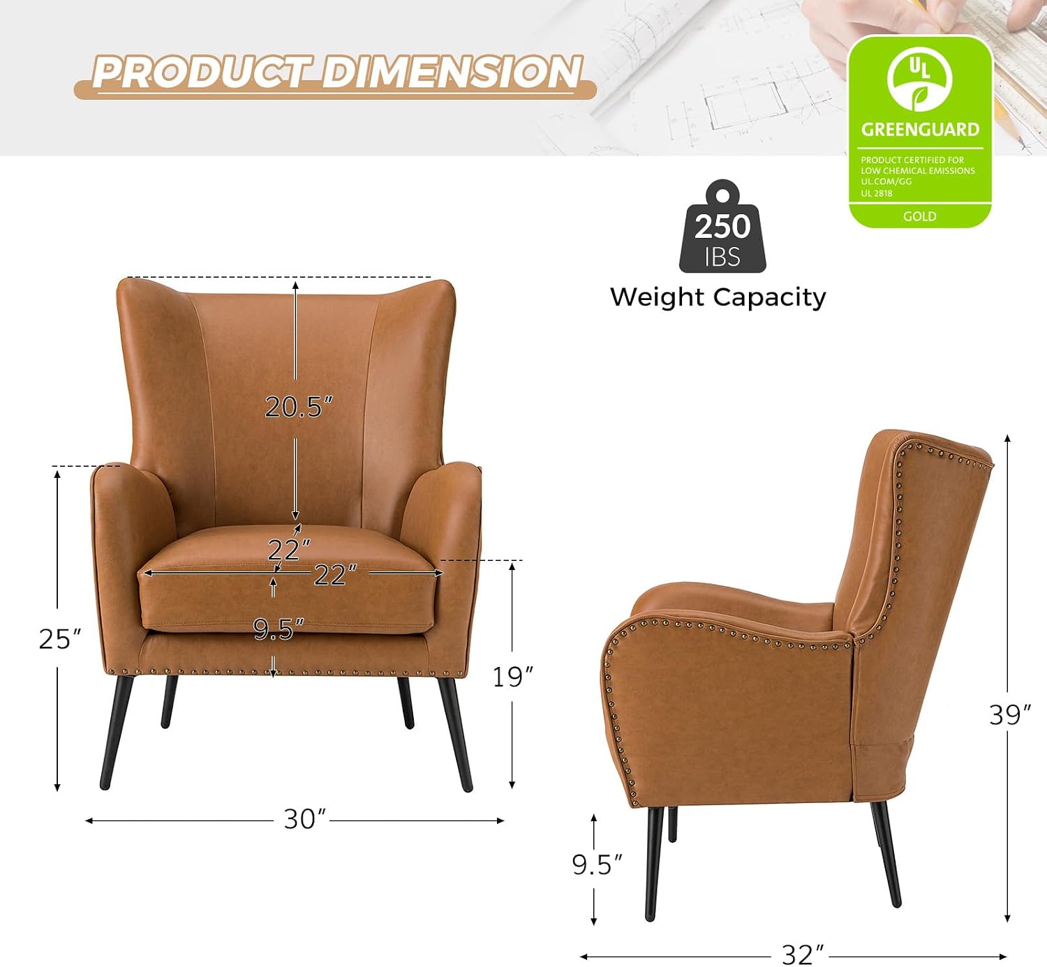 HULALA HOME Faux Leather Accent Chair Set of 2 with Removable Cushion, Comfy Upholstered Armchair with Metal Legs & Nailhead Trim Wingback Vanity Chair for Reading Living Room Bedroom, Camel