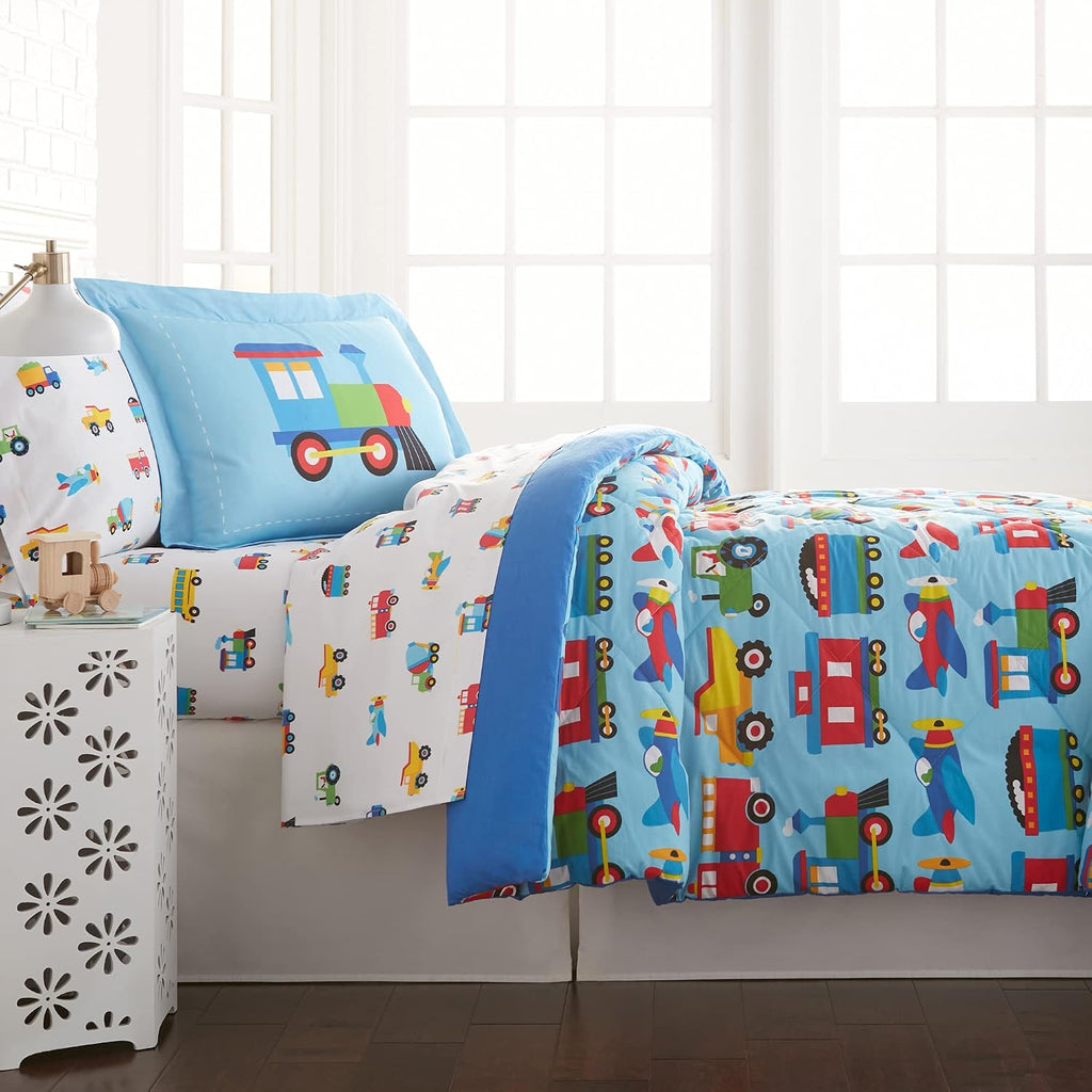 Wildkin Kids Cotton Full Comforter Set – Lightweight, Fits Full Mattress, 2 Pillow Shams Included - Trains, Planes, and Trucks